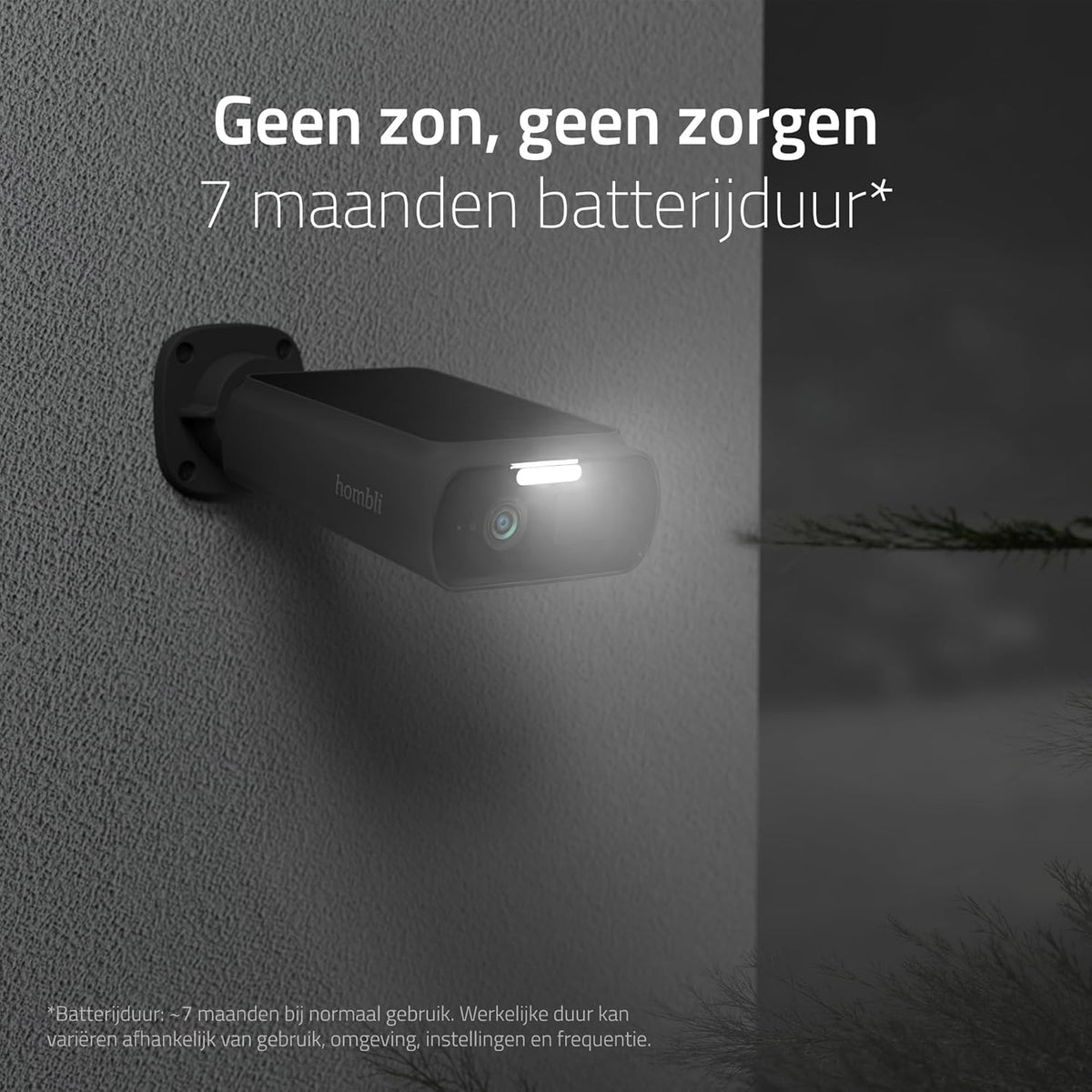Hombli Zonnecamera 2K QHD – Milieuvriendelijke Oplaadbare Beveiligingscamera op Zonne-energie met Flexibele Bevestiging, Alarm & Schijnwerper – Infrarood & Kleurennachtzicht, Bewegingsdetectie, IP66