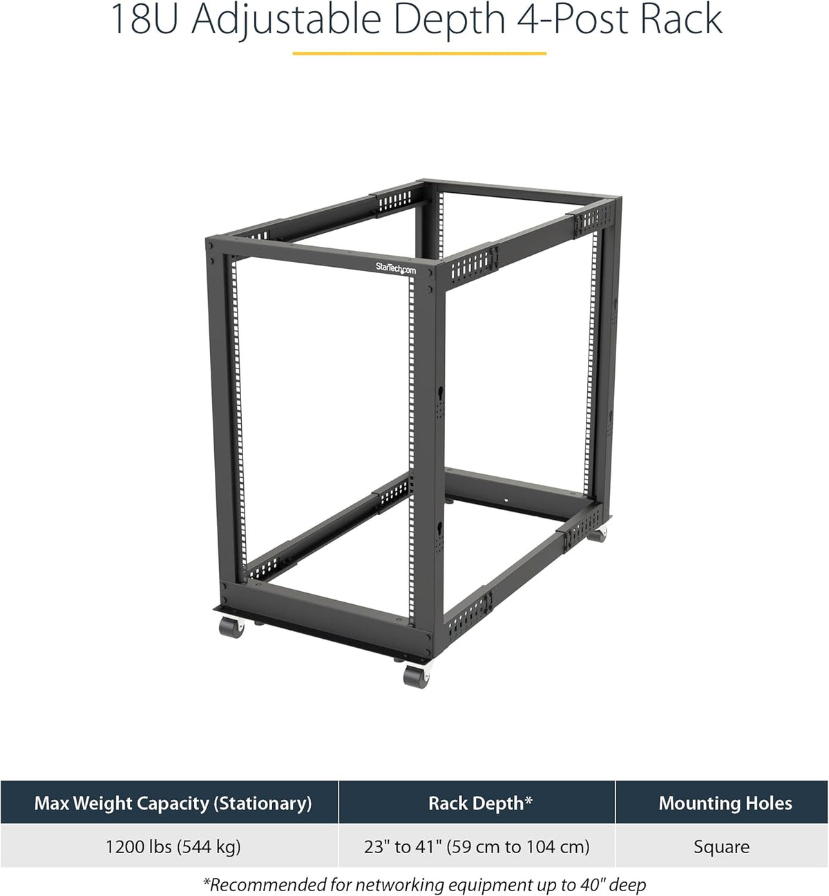 StarTech 18U 4-Post Server Rack, 19in Open Frame Rack met 101cm Montagediepte en 544kg Draagkracht, Mobiel of Vrijstaand IT Rack
