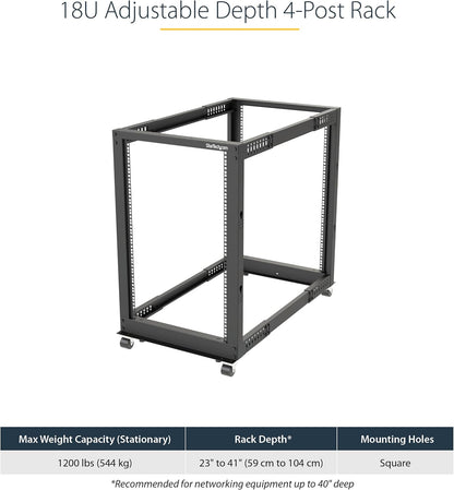 StarTech 18U 4-Post Server Rack, 19in Open Frame Rack met 101cm Montagediepte en 544kg Draagkracht, Mobiel of Vrijstaand IT Rack