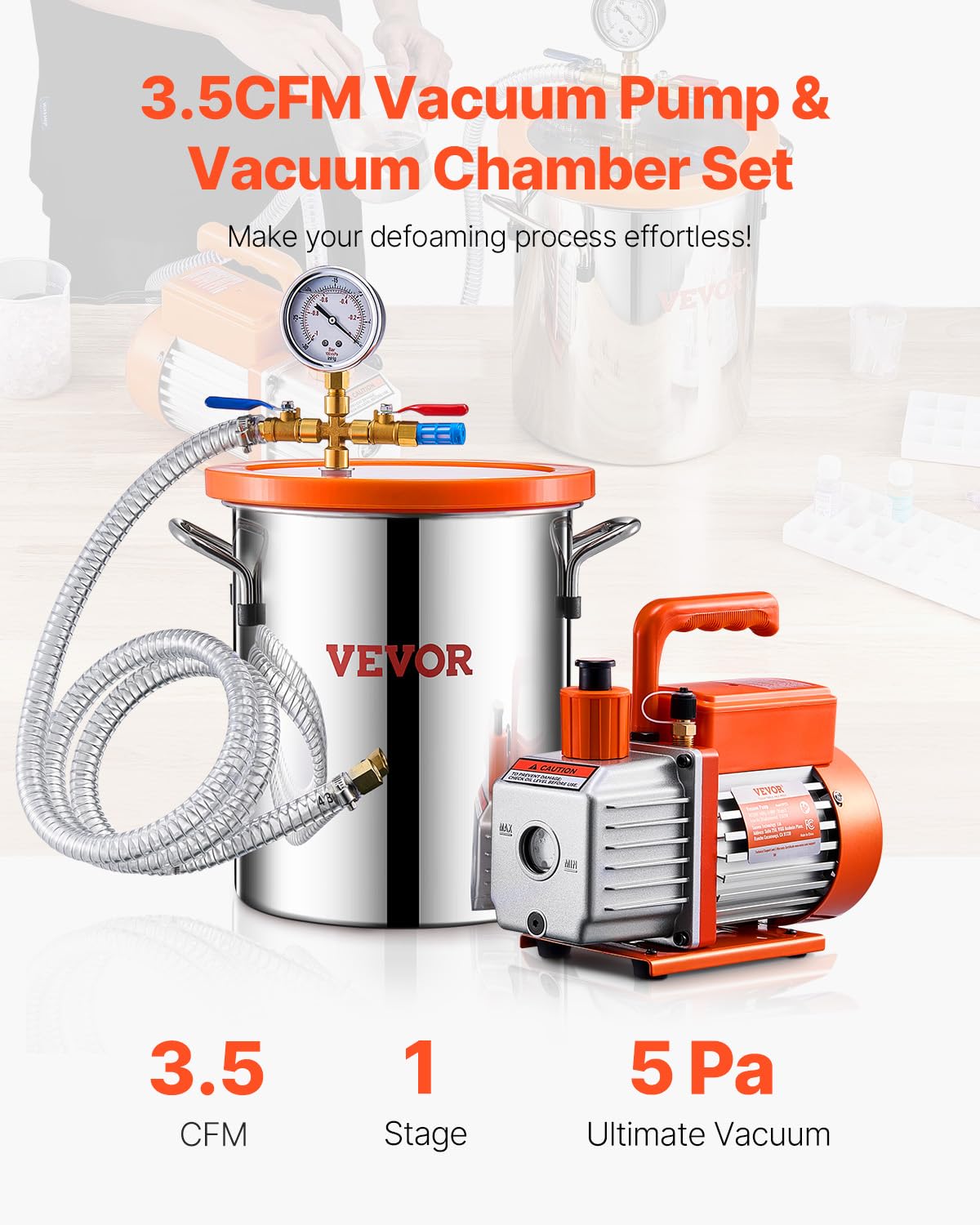 Vacuümkamer – Vacuum Chamber – Ontgassingskamer – Resin Kamer – Siliconen Kamer – 11,36 Liter Roestvrij Staal – Krachtige 3,5 CFM Mono Stage Pomp