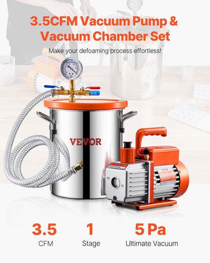 Vacuümkamer – Vacuum Chamber – Ontgassingskamer – Resin Kamer – Siliconen Kamer – 11,36 Liter Roestvrij Staal – Krachtige 3,5 CFM Mono Stage Pomp