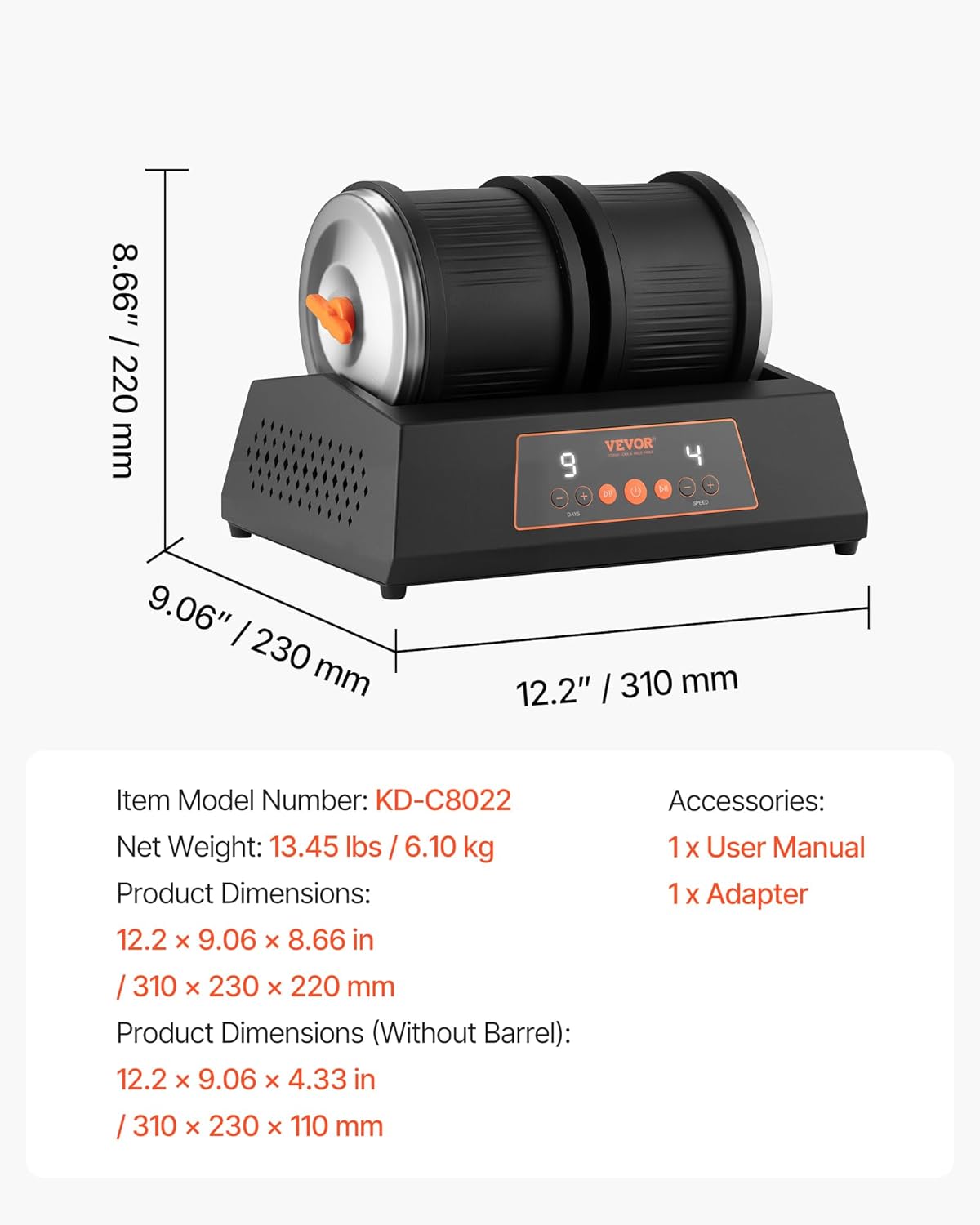 VEVOR Stenen Polijstvat 3,6 kg Capaciteit 4 Speed Stenen Polijstmachine 9 Dagen Timer Dubbele Vat met Adapter voor Pro's en Amateurs Werkplaats DIY