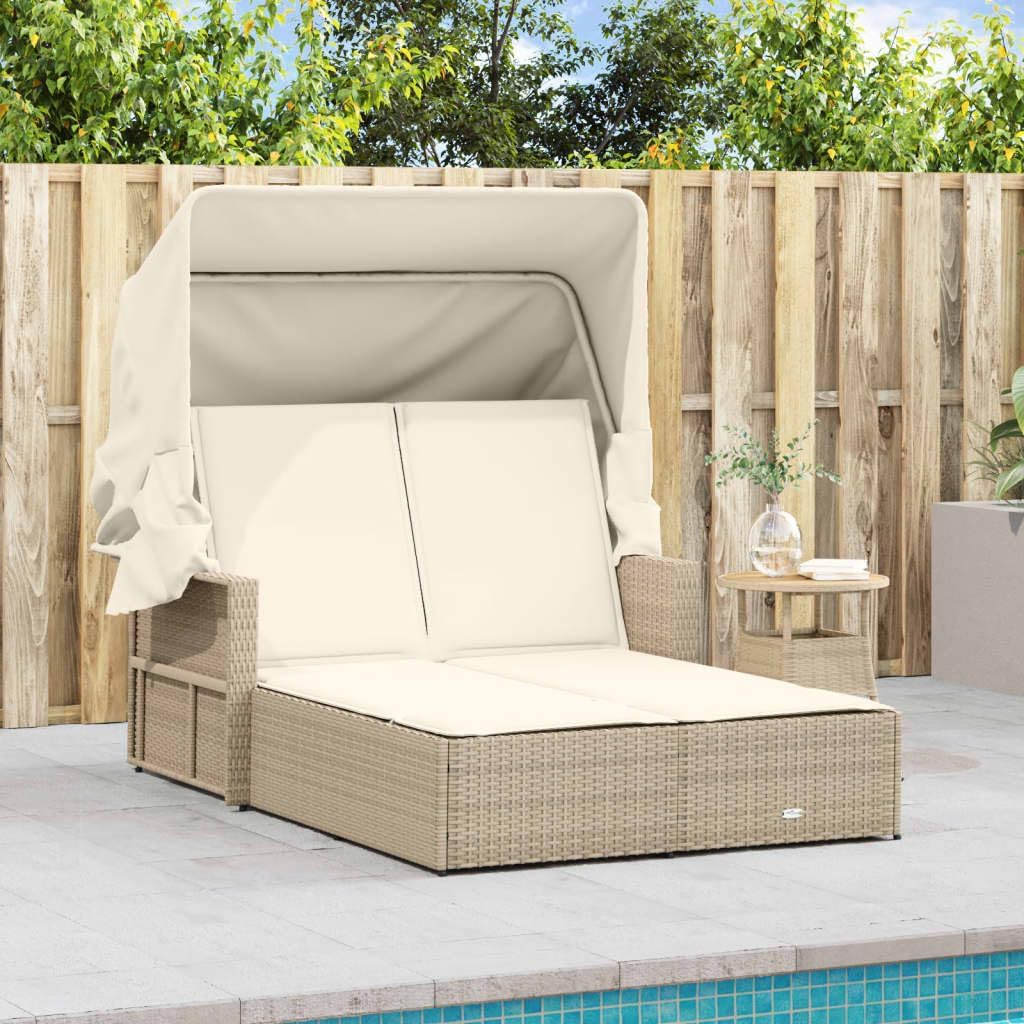 Outdoor Lounger with Retractable Roof and Padded Cushions, Adjustable Backrest in 2 Positions, Durable and Washable PE Rattan Material, for Garden or Patio - QUORE