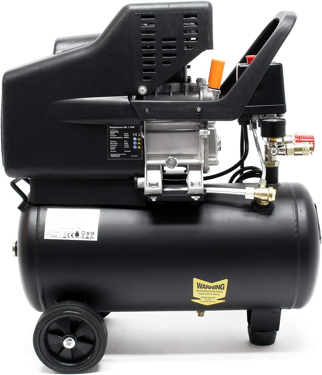 Wiltec luchtcompressor met 24 liter tank 1100 W werkplaatscompressor 8 bar en 1,1 kW, mobiele compressor voor luchtdruk en perslucht