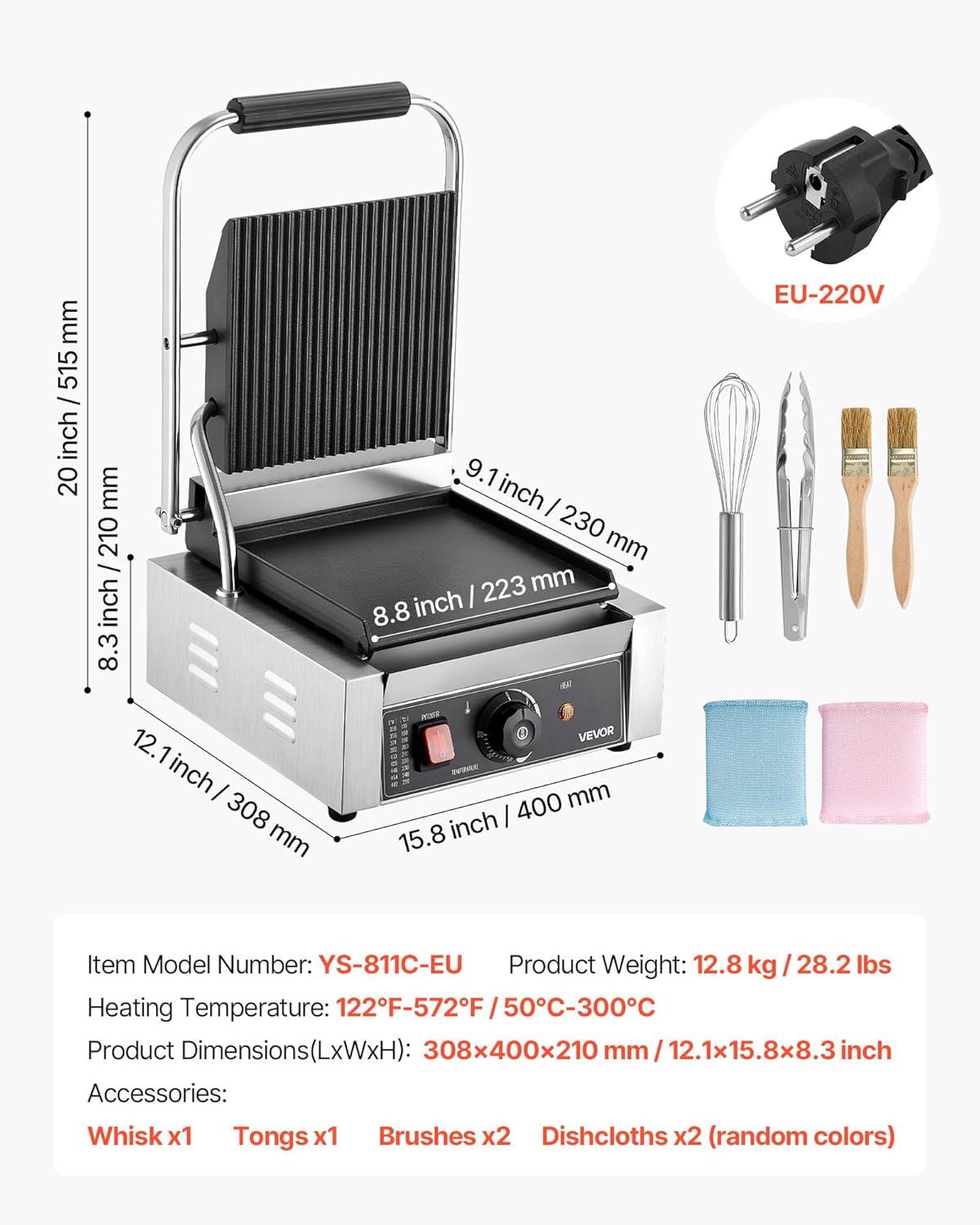 VEVOR Elektrische grill voor Panini 1800 W, sandwichplaat met geëmailleerde plaat, 22 x 23 cm, roestvrij staal, handgreep, temperatuurcontrole, voor hamburgers, steaks