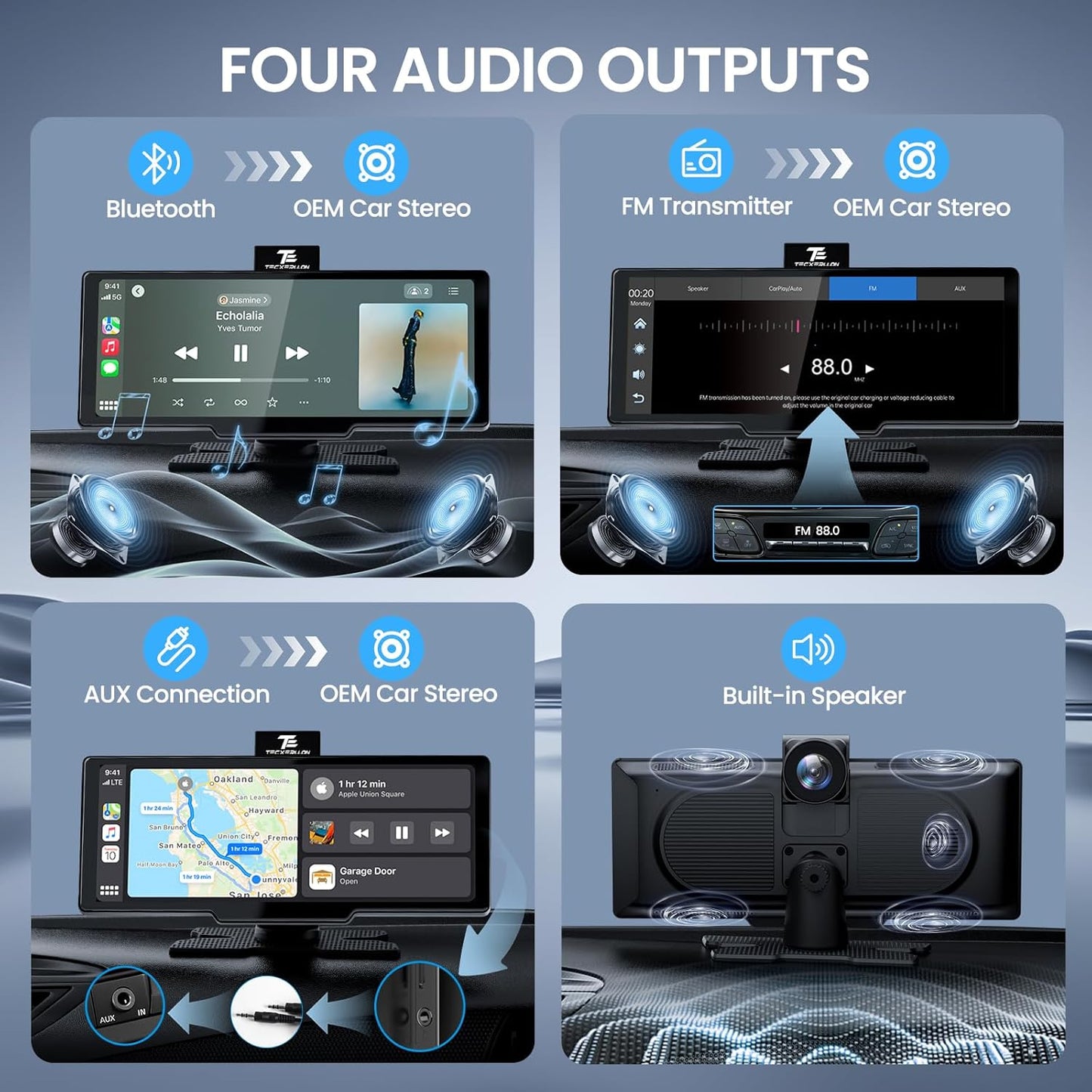 10,3 inch draadloos Carplay scherm voor auto met 4K Dash Cam & 1080P Backup Camera, Draagbare Auto Audio Ontvangers met Carplay & Android Auto, GPS Navigatie, Airplay, Mirror Link