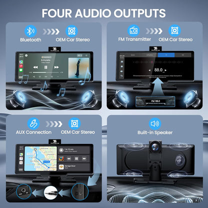 10,3 inch draadloos Carplay scherm voor auto met 4K Dash Cam & 1080P Backup Camera, Draagbare Auto Audio Ontvangers met Carplay & Android Auto, GPS Navigatie, Airplay, Mirror Link