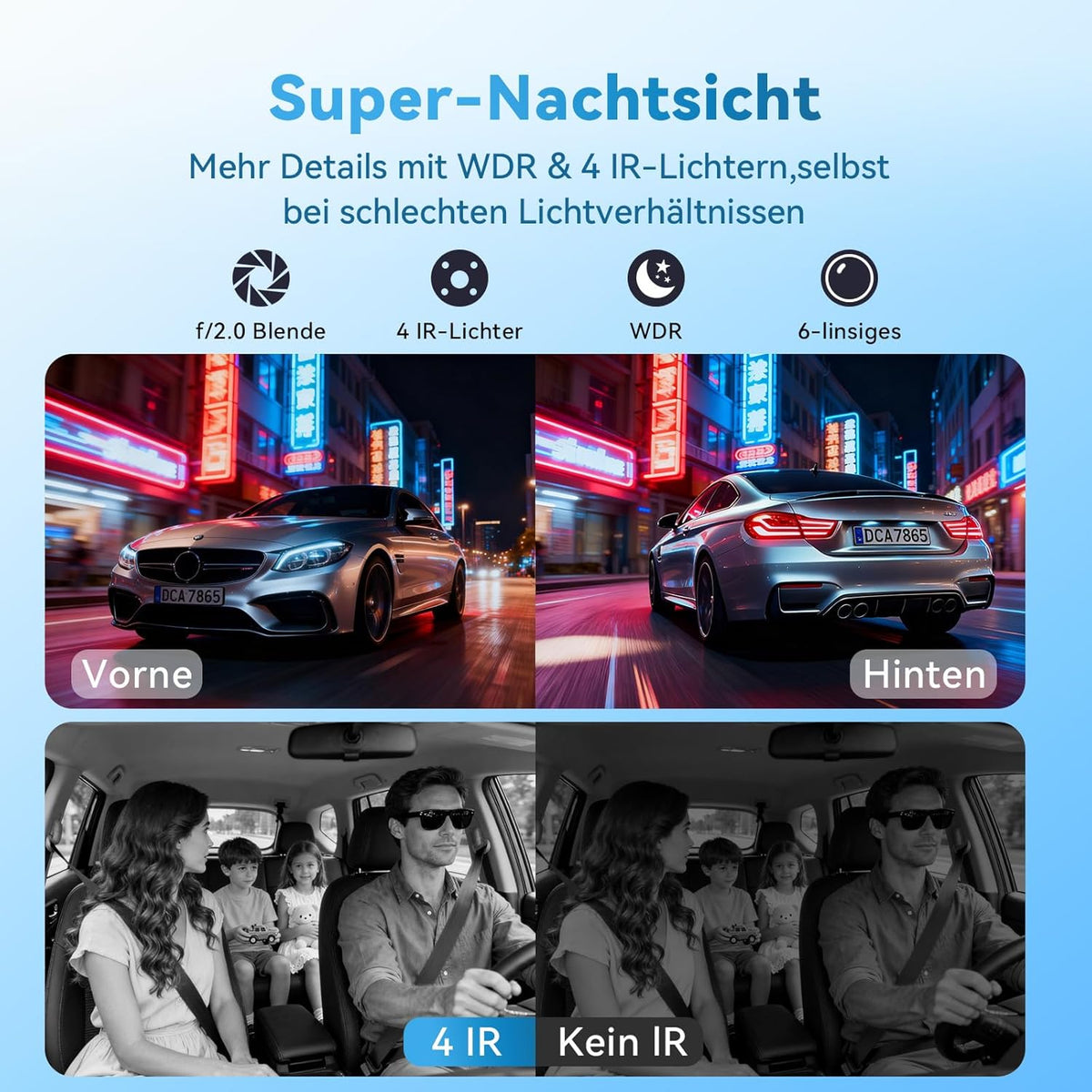 Dashcam Auto, 3 kanaalvoordeuren binnen 4K + 1080P + 1080P Dashcam, 490° Weitwinkel-Rundumbescherming, Auto Camera met 64 GB SD-kaart, 3,16 inch, nachtzicht, WDR, WiFi, G-sensor, loop-opname