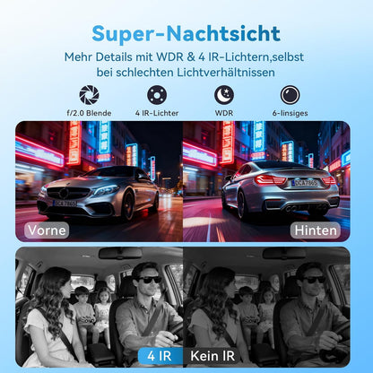 Dashcam Auto, 3 kanaalvoordeuren binnen 4K + 1080P + 1080P Dashcam, 490° Weitwinkel-Rundumbescherming, Auto Camera met 64 GB SD-kaart, 3,16 inch, nachtzicht, WDR, WiFi, G-sensor, loop-opname
