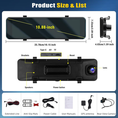 Spiegel Dashcam met Achteruitrijcamera – Dashcam, Autocamera, Spiegelcamera, Rijcamera – 10,88 Inch IPS-Touchscreen – 4K Voorcamera En 1080p Achtercamera