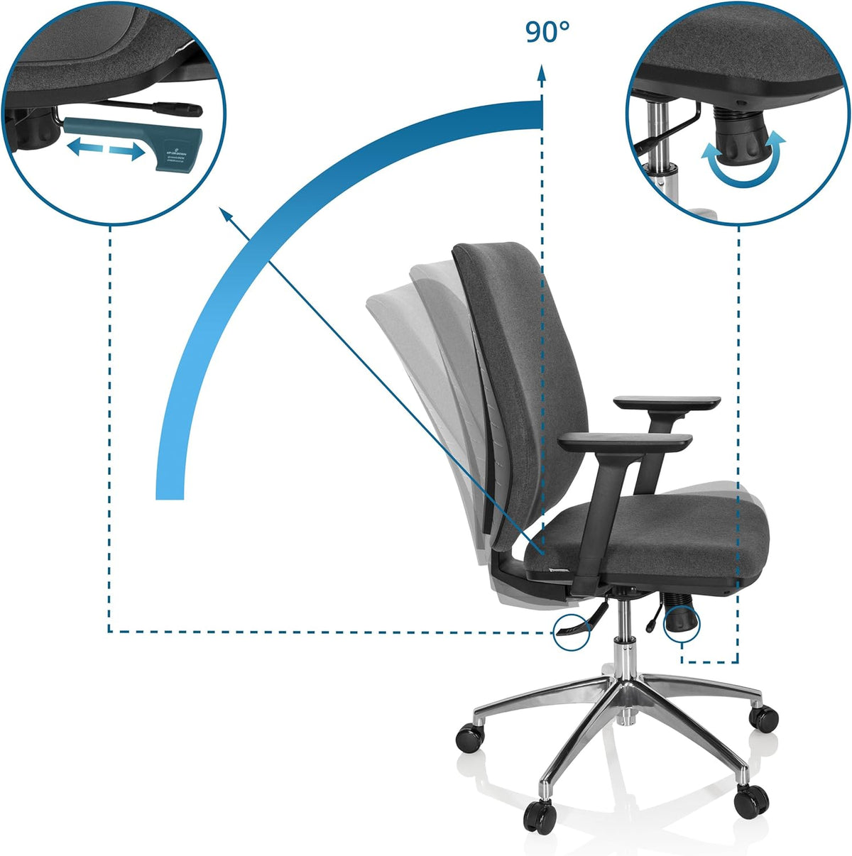 hjh OFFICE Integrio 820026 Professionele bureaustoel van stof, donkergrijs, ergonomisch, rugleuning in hoogte verstelbaar, bekleed, 123 x 74 x 63 cm