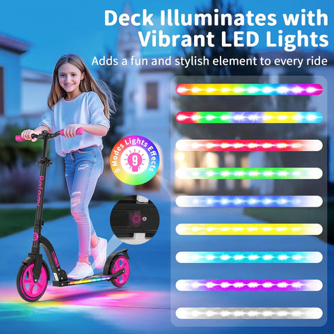 BELEEV V10 Big Wheel Scooter voor kinderen vanaf 6 jaar, met oplichtend dek, opvouwbare scooter met 2 wielen voor volwassenen en tieners, 5 verstelbare hoogte, lichtgewicht sport forenzen scooter met
