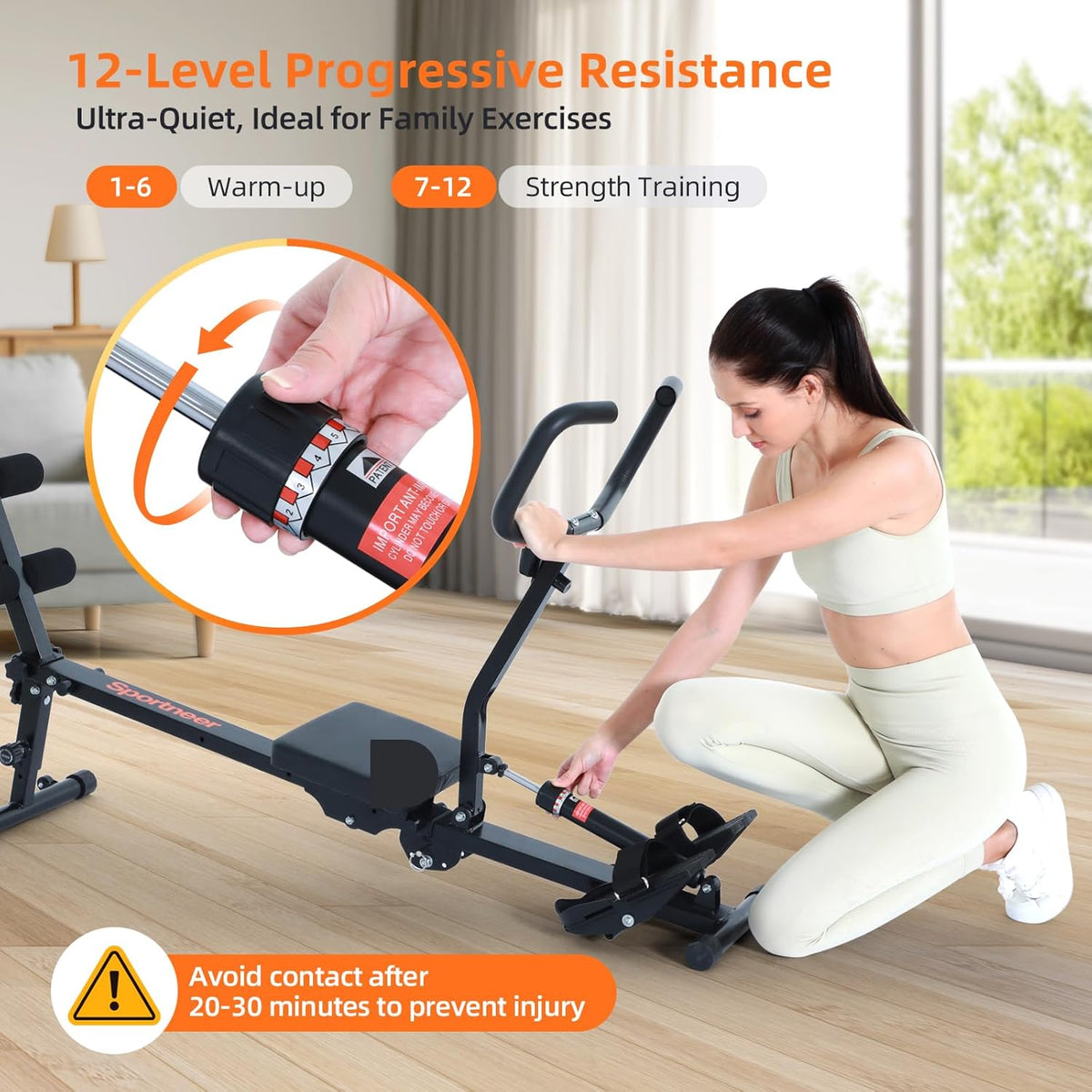 Rowing Machine for Home, Sportneer Hydraulic Rowing Machine Foldable with 12 Resistance Levels, Fitness Device for Home, Abdominal Trainer with U-Handle & Backrest, Maximum Load 135 kg - QUORE
