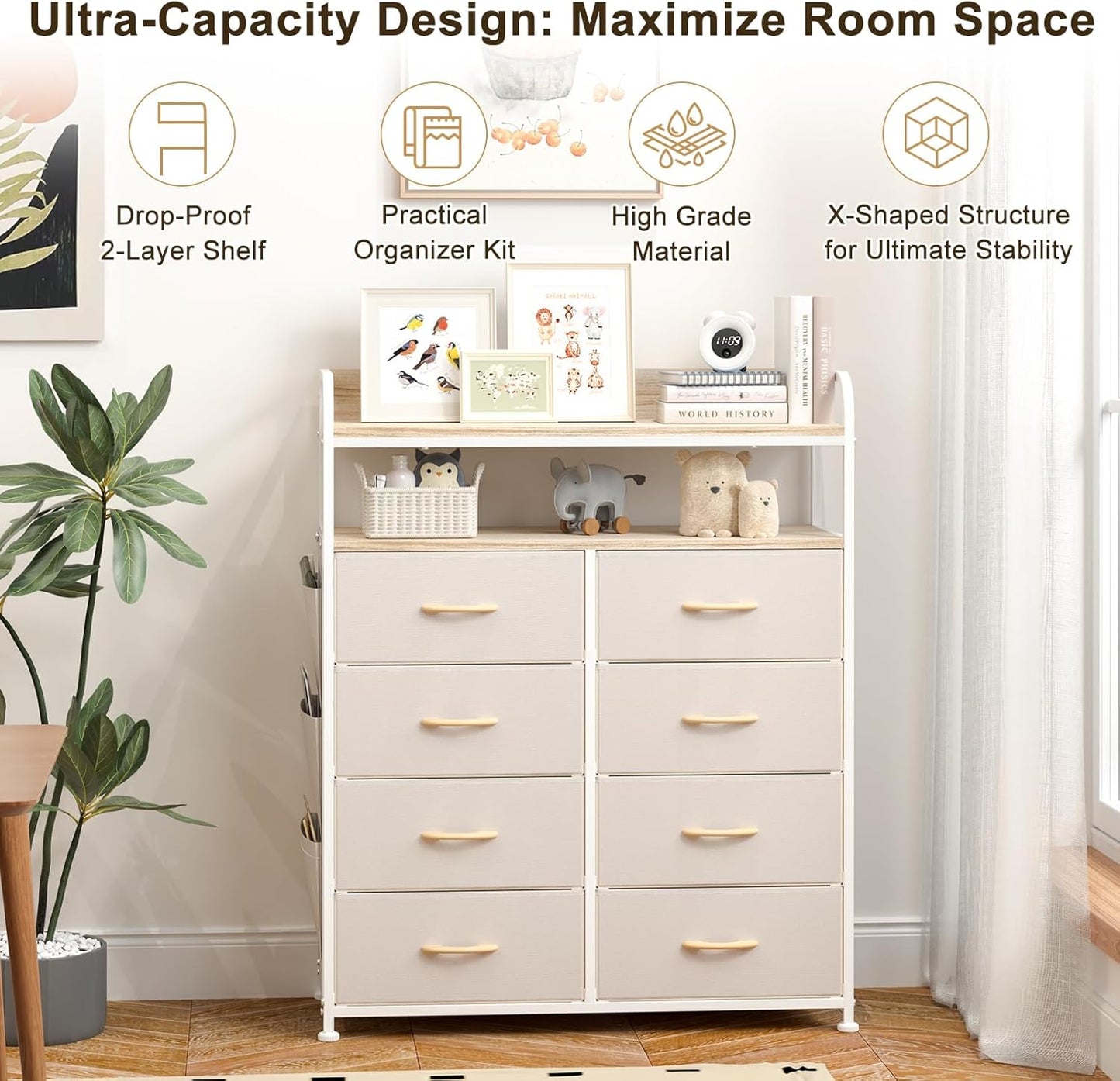 Ladekast – Dressoir – Opbergkast – Kledingkast – Kastje – 8 Stoffen Lades – Metalen Frame – 2-Laags Houten Bovenblad – Beige
