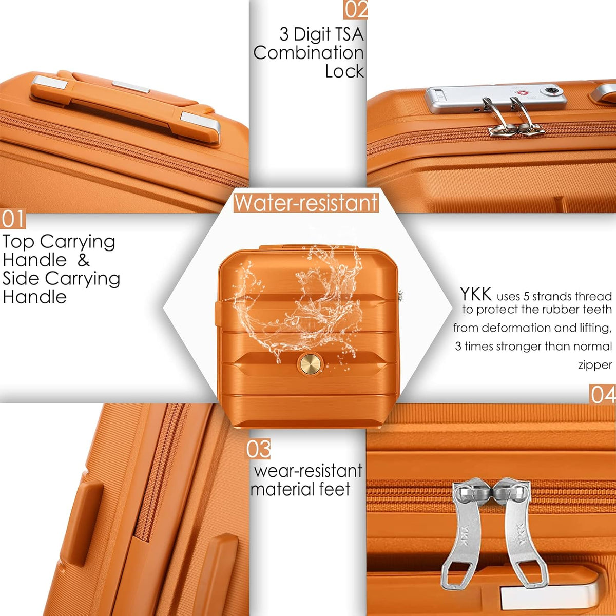 Sea choice Kofferset 4st Handbagage Trolley Koffer met Beautycase Harde Schaal Polypropyleen Reiskoffer TSA slot 4 dubbele Wielen S-M-L-XL (Kofferset 3(Uitbreidbaar), Zonsondergang Goud)