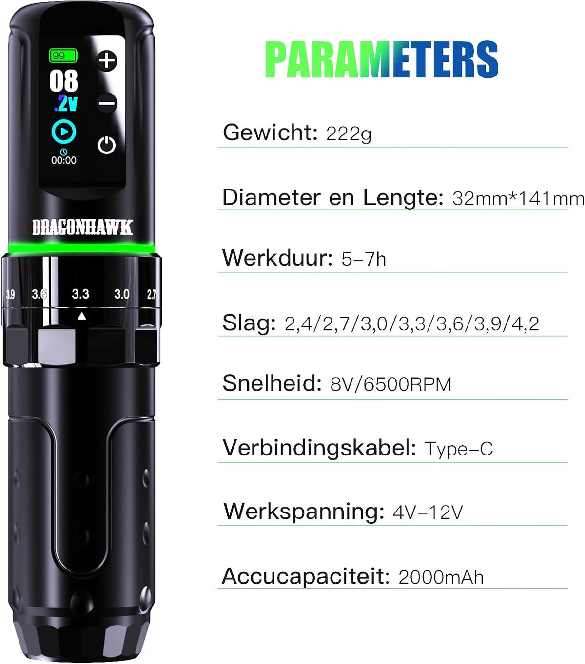Dragonhawk L3 Snoer-/snoer-tattoo-pistool, roterende stiftmachine, 7 slagen lengte, krachtige Mcore-L-tattoomotor, smart display, 2 batterijen, stroomvoorziening, rode kleur