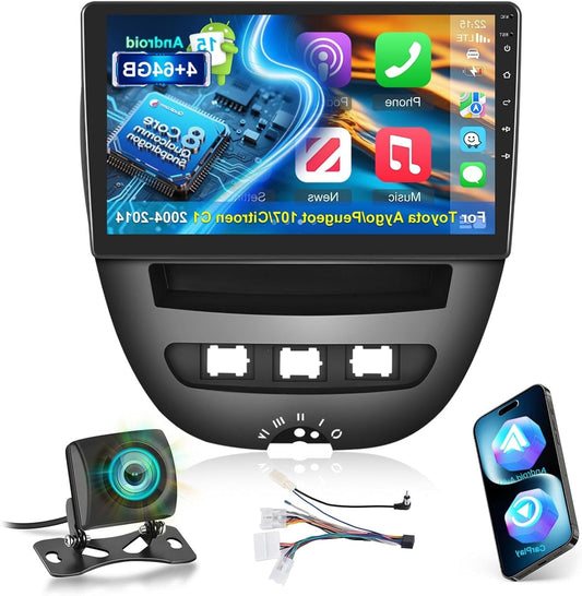 8 Core 4G+64G Qualcomm Car Stereo for Toyota Aygo/Peugeot 107/Citroen C1 2004-2014 with Wireless CarPlay Android Auto, Android 15 10.1'' Touch Screen Radio with WiFi, GPS, Bluetooth 5.1, FM/RDS, DSP - QUORE