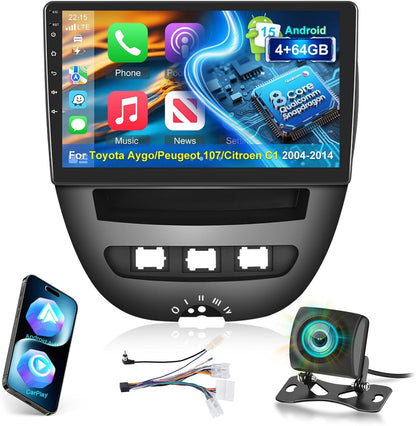 8 Core 4G+64G Qualcomm Car Stereo for Toyota Aygo/Peugeot 107/Citroen C1 2004-2014 with Wireless CarPlay Android Auto, Android 15 10.1'' Touchscreen Radio with WiFi, GPS, Bluetooth 5.1, FM/RDS, DSP