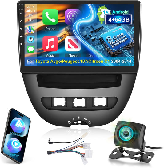 8 Core 4G+64G Qualcomm Car Stereo for Toyota Aygo/Peugeot 107/Citroen C1 2004-2014 with Wireless CarPlay Android Auto, Android 15 10.1'' Touchscreen Radio with WiFi, GPS, Bluetooth 5.1, FM/RDS, DSP