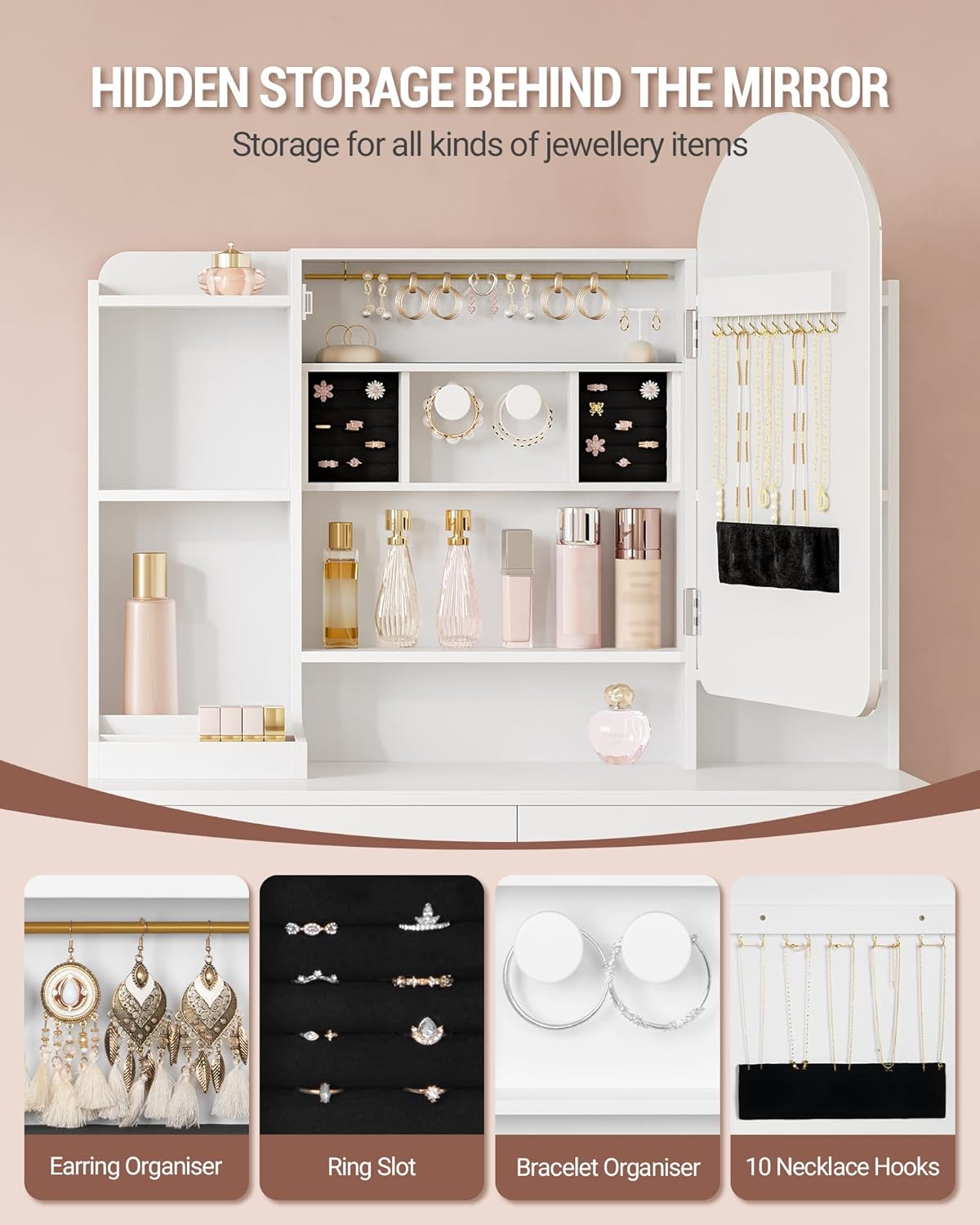 Hzuaneri LED Makeup Table, Large 90 cm Tabletop, Dressing Table with Curved Round Mirror, Hidden Jewellery Shelf Behind Mirror, 3 Colours, White DT41403XEU