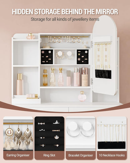 Hzuaneri LED Makeup Table, Large 90 cm Tabletop, Dressing Table with Curved Round Mirror, Hidden Jewellery Shelf Behind Mirror, 3 Colours, White DT41403XEU