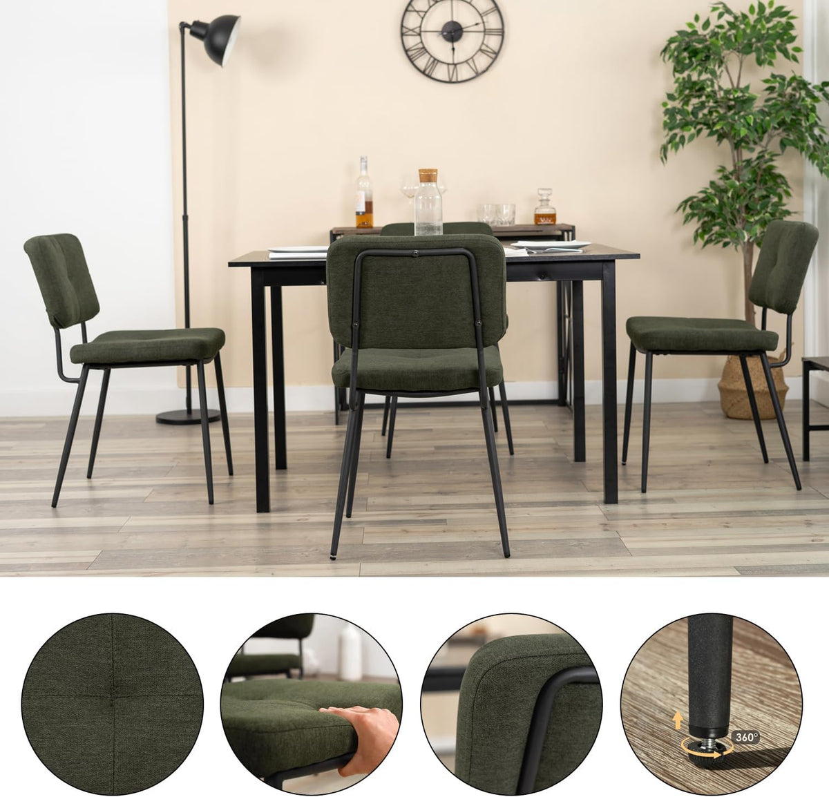 MEUBLE COSY Eetkamerstoelen, set van 2 retro keukenstoelen, ergonomische woonkamerstoel, bureaustoel met rugleuning, zitting van stof, metalen poten, groen, 59,5x45x82cm