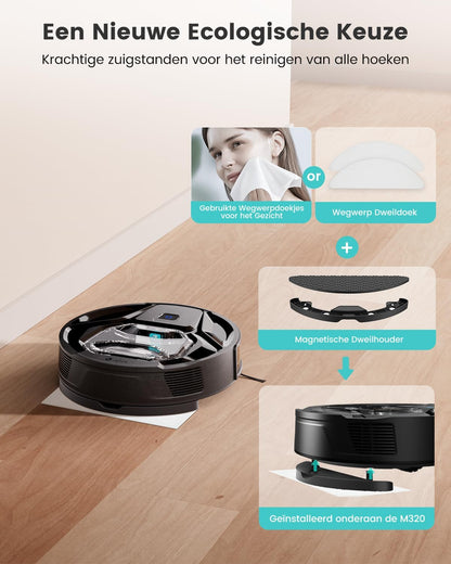 Lefant Robotstofzuiger M320, 6000 Pa Zuigkracht, Borstelvrij Ontwerp voor Dierenhaar, PSD Obstakelvermijding, Ultrasone Tapijtdetectie, 3-in-1 Stofzuigen en Dweilen, App- en Spraakbediening