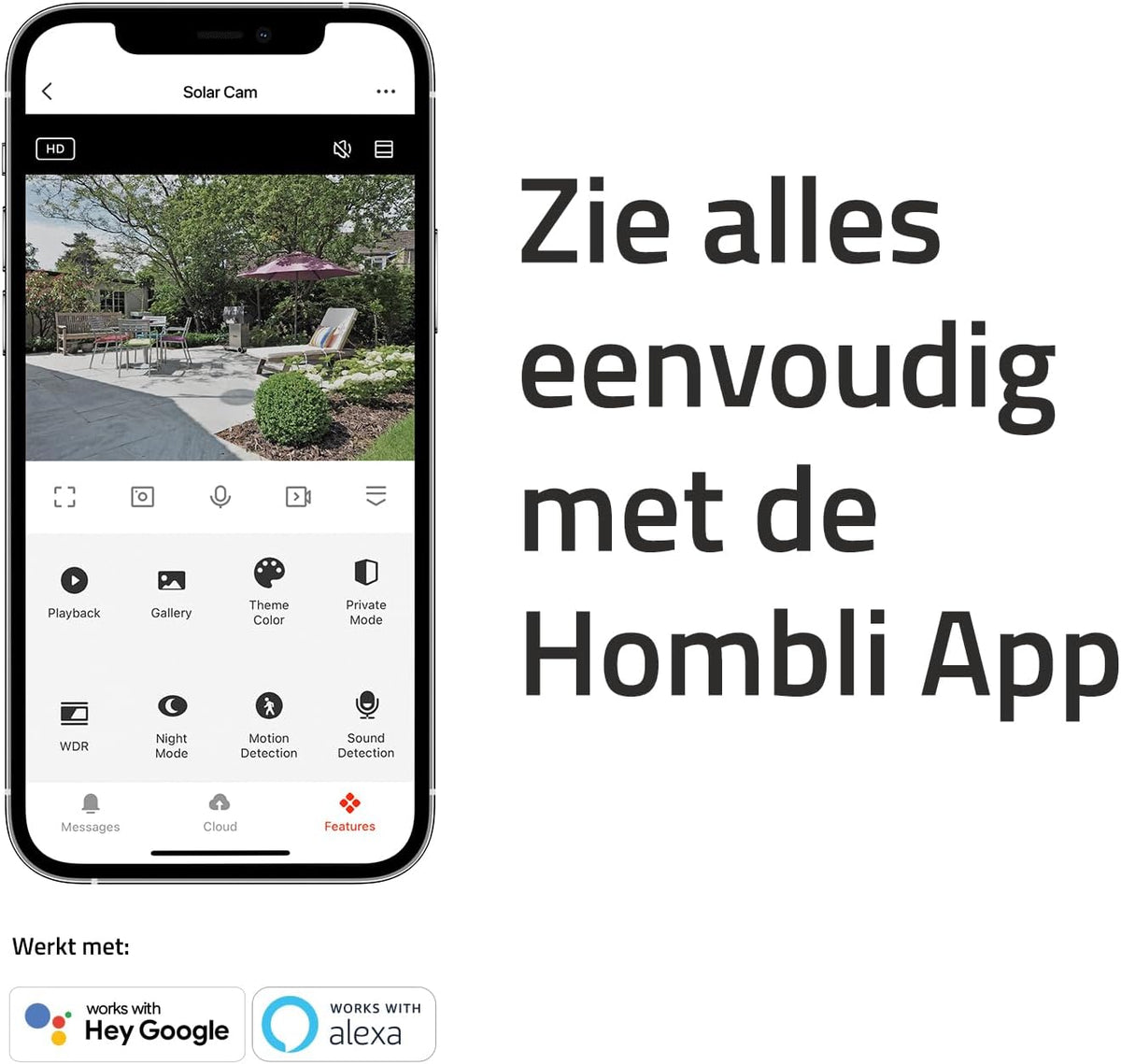 Hombli Zonnecamera 2K QHD – Milieuvriendelijke Oplaadbare Beveiligingscamera op Zonne-energie met Flexibele Bevestiging, Alarm & Schijnwerper – Infrarood & Kleurennachtzicht, Bewegingsdetectie, IP66
