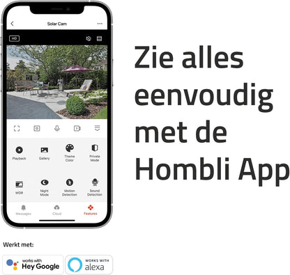 Hombli Zonnecamera 2K QHD – Milieuvriendelijke Oplaadbare Beveiligingscamera op Zonne-energie met Flexibele Bevestiging, Alarm & Schijnwerper – Infrarood & Kleurennachtzicht, Bewegingsdetectie, IP66