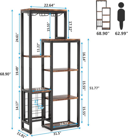 Tribesigns Wine Rack Freestanding Floor, 5 Tier Wine Box Rack with Glass Holder and Wine Storage, Industrial Wine Display Shelf for Bar, Kitchen, Dining Room (Rustic Brown)