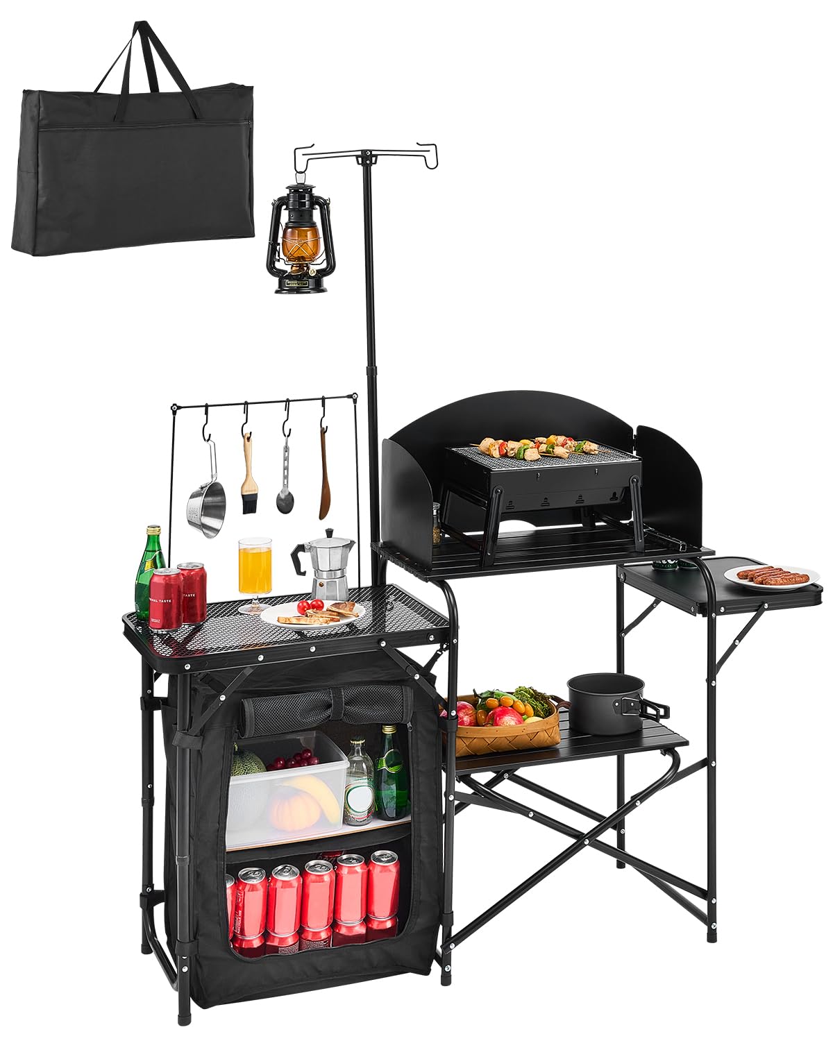 VEVOR Keukentafel voor camping buiten, aluminium, met opbergkast, draagtas, afneembare voorruit, geschikt voor barbecue, feest, picknick, reizen, camper, zwart