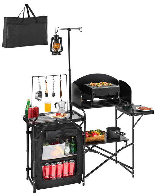 VEVOR Keukentafel voor camping buiten, aluminium, met opbergkast, draagtas, afneembare voorruit, geschikt voor barbecue, feest, picknick, reizen, camper, zwart