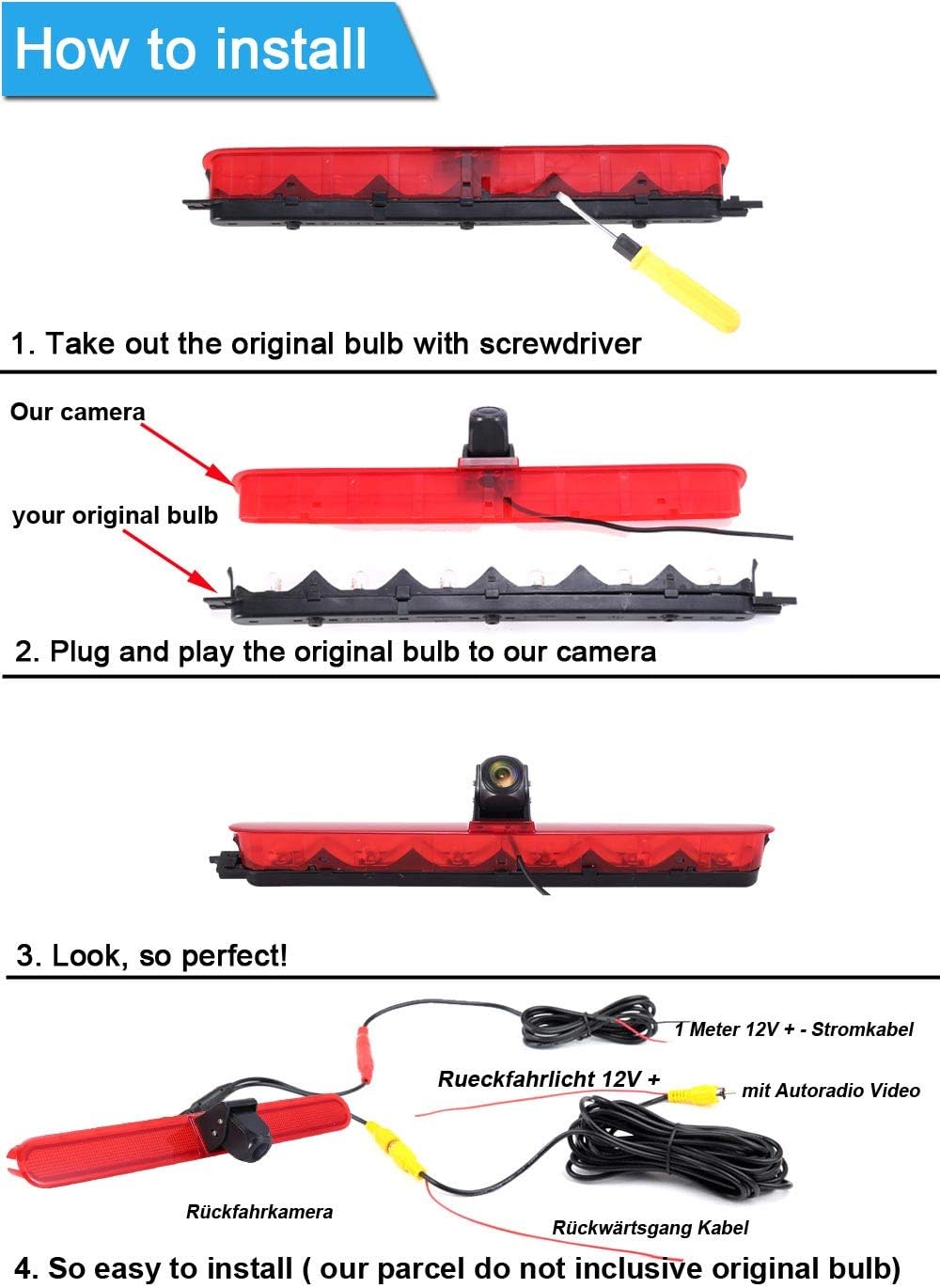 HD IP68 1280 pixels achteruitrijsysteem achteruitrijcamera remlicht passend met hoek verstellen nachtversie IR-licht hoge dak dak camera voor T5 Multivan Caravelle Camper/T6/Lupo 6X/Seat Arosa +4,3 inch monitor