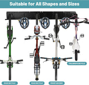 Fietsenrek - Fietsstandaard - Fietshouder - Fietshaak - voor 6 Fietsen  - 5 Helmen - 2 Garagehaken - Verstelbare - Verticale Wandfietsophanging - met Framebescherming - voor Woning - Garage - Opslag - 162.8 x 10 cm -Zwart