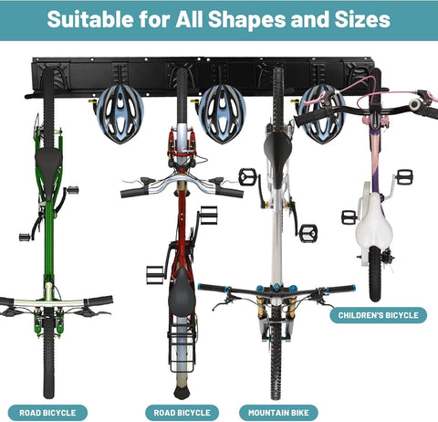 Fietsenrek - Fietsstandaard - Fietshouder - Fietshaak - voor 6 Fietsen  - 5 Helmen - 2 Garagehaken - Verstelbare - Verticale Wandfietsophanging - met Framebescherming - voor Woning - Garage - Opslag - 162.8 x 10 cm -Zwart