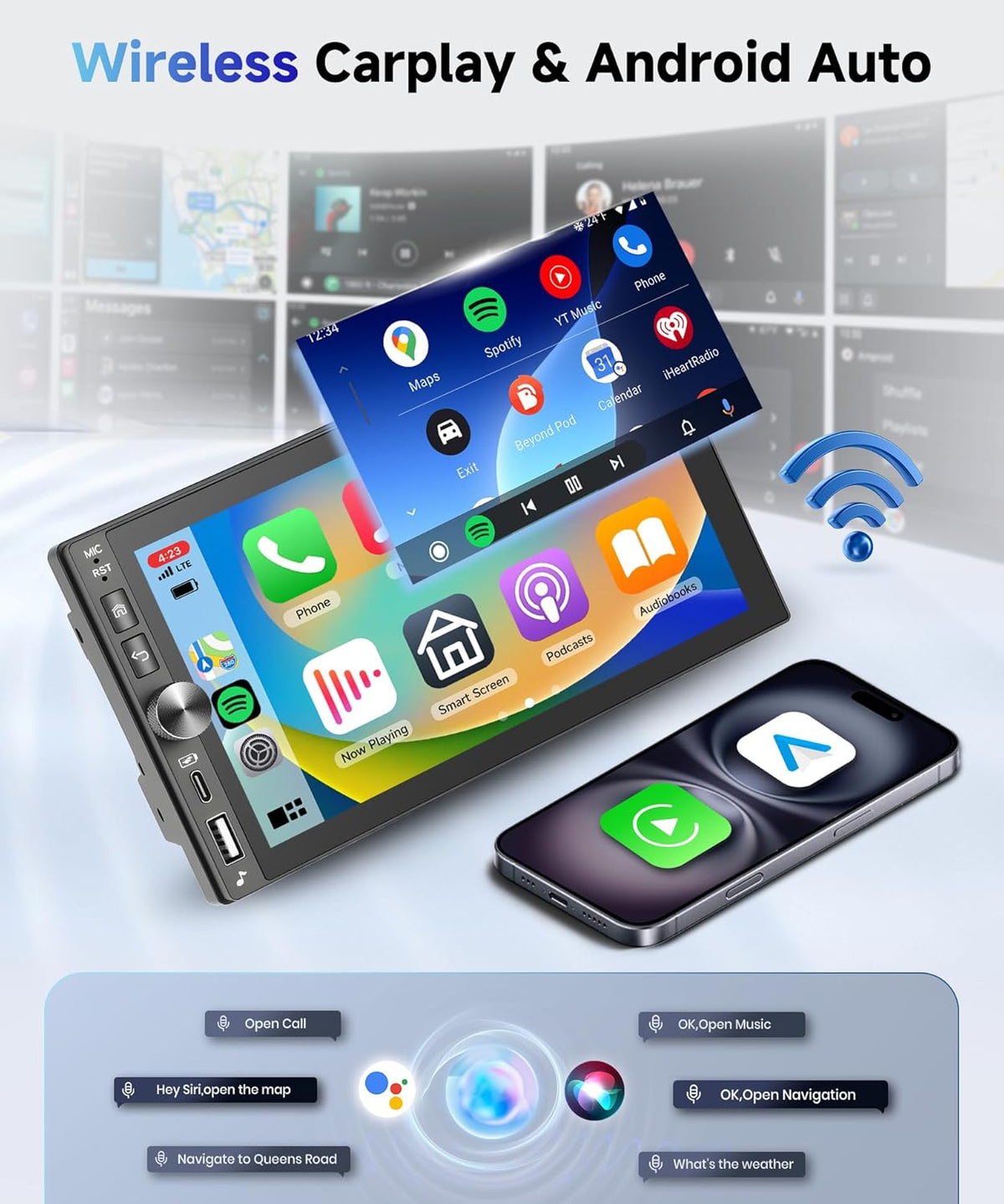 【4G + 128G】 Hodozzy Wireless Carplay autoradio 2 DIN met USB Type-C, 7 inch incell display Android Bluetooth autoradio met Android Auto/DSP/WiFi/RDS/FM/SWC/achteruitrijcamera