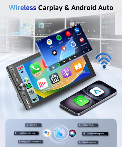 【4G + 128G】 Hodozzy Wireless Carplay autoradio 2 DIN met USB Type-C, 7 inch incell display Android Bluetooth autoradio met Android Auto/DSP/WiFi/RDS/FM/SWC/achteruitrijcamera