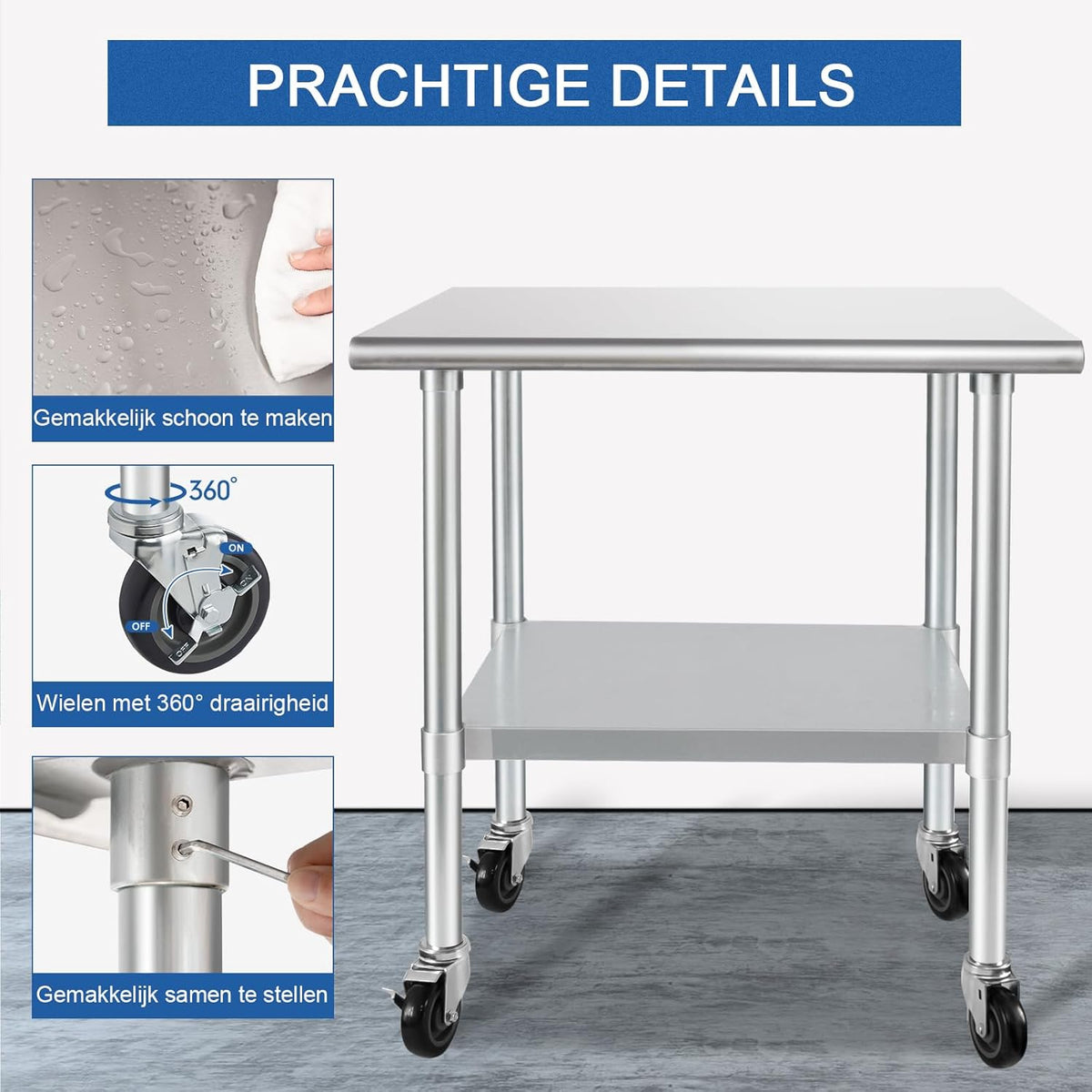 HARDURA Roestvrij Staal Tafel met Wielen 61×91 cm Rollen Zware Duty Commercieel Voedselbereidingstafels met Onderkast en Gegalvaniseerde Benen voor Restaurant Keuken Bar Hotel en Garages