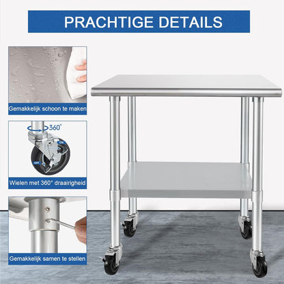 HARDURA Roestvrij Staal Tafel met Wielen 61×91 cm Rollen Zware Duty Commercieel Voedselbereidingstafels met Onderkast en Gegalvaniseerde Benen voor Restaurant Keuken Bar Hotel en Garages
