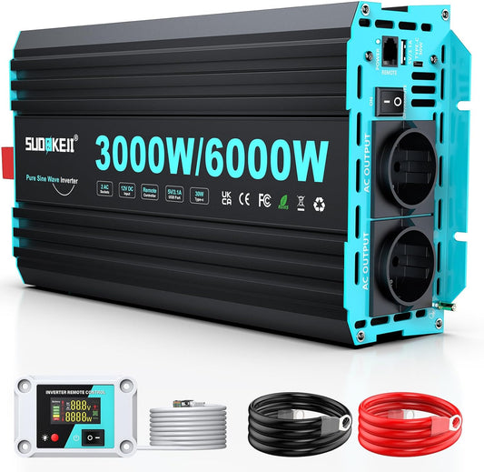 Omvormer – Spanningsomvormer – Power Inverter – 12V naar 230V Converter – Zuivere Sinus – 3000W Continu Vermogen – LCD Afstandsbediening & USB-C Snellader