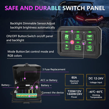 Chelhead 6 versnellingen bedieningspaneel 12 V Bluetooth, multifunctionele mariene afstandsbediening, IP65 waterdicht, relaissysteem, controlelampje, 60 A automatische dimbare lichtbalk