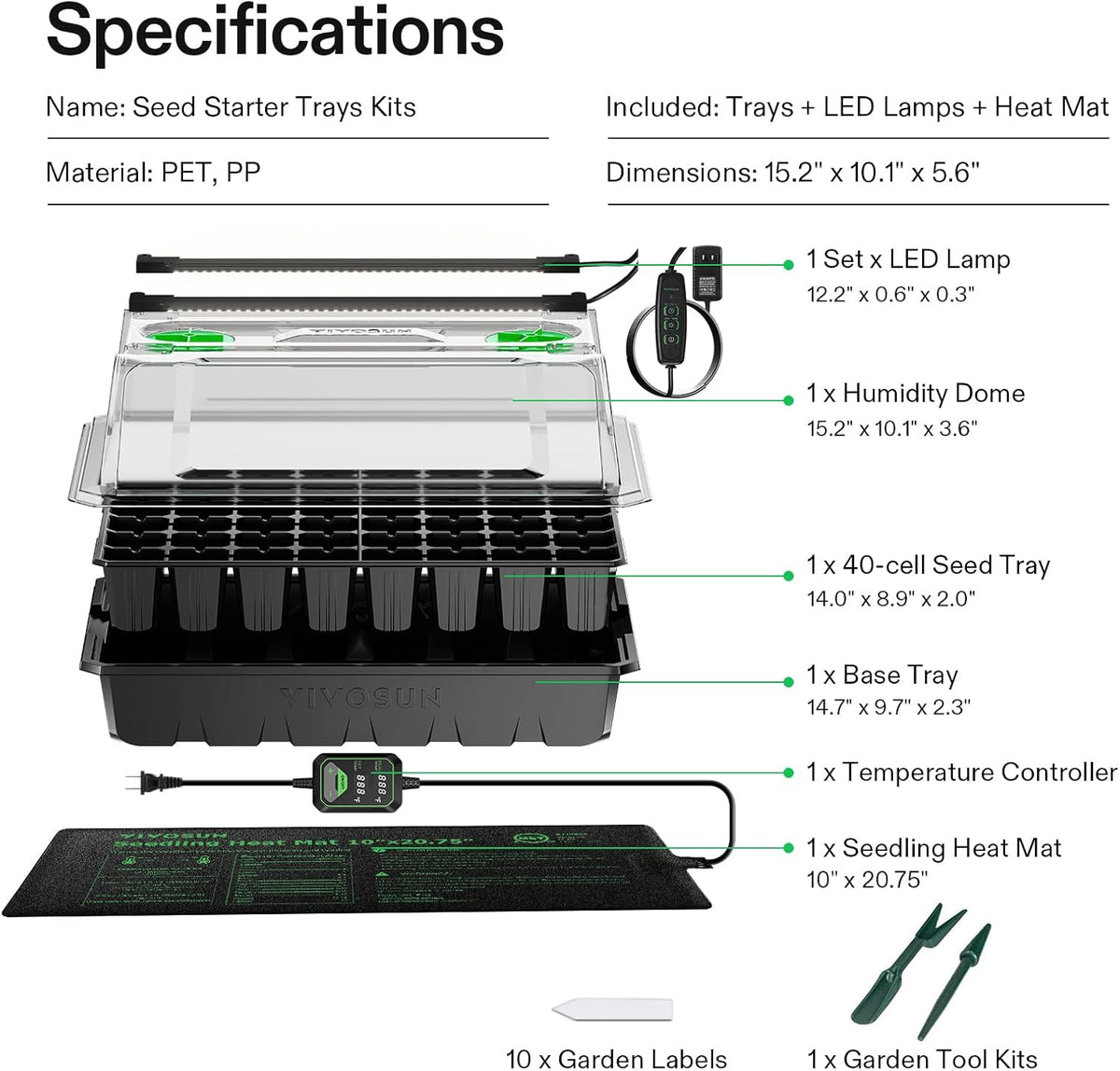 VIVOSUN 1 Pack 40-Cell Seed Starter Trays with 1 Set LED Lights and 10"x20.7" Seedling Heat Mat, 3.6 Inch Higher Coverage, Adjustable Vents, Drainage Holes, Green Grow Tray for It - QUORE
