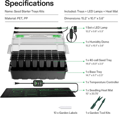 VIVOSUN 1 Pack 40-Cell Seed Starter Trays with 1 Set LED Lights and 10"x20.7" Seedling Heat Mat, 3.6 Inch Higher Coverage, Adjustable Vents, Drainage Holes, Green Grow Tray for It - QUORE