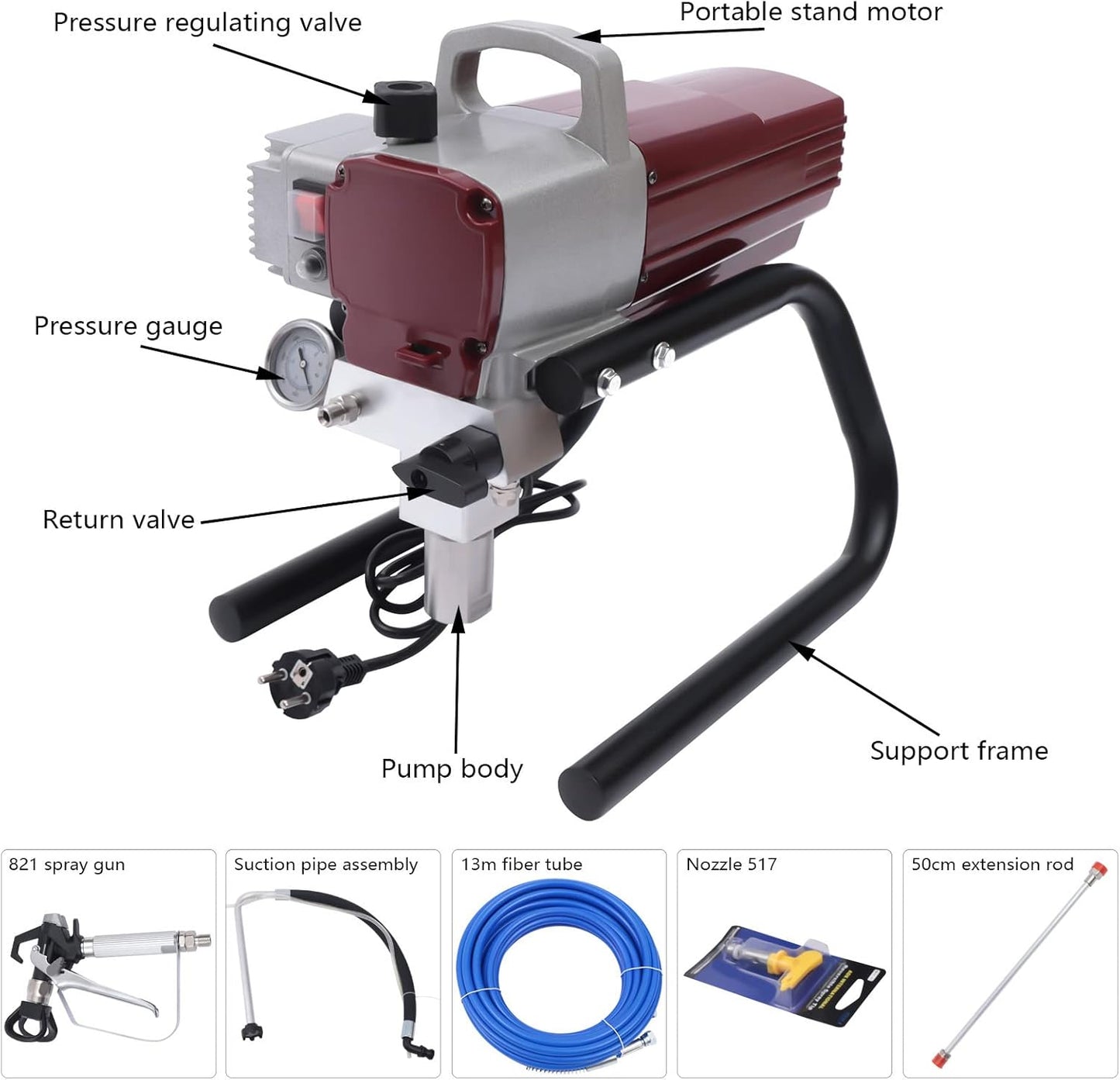 Airless Spuitmachine – Verfspuitmachine – Muurspuit – Spuitpistool – Schilderapparaat – 1800 W Krachtige Motor – 13 Meter Hoge Drukslang