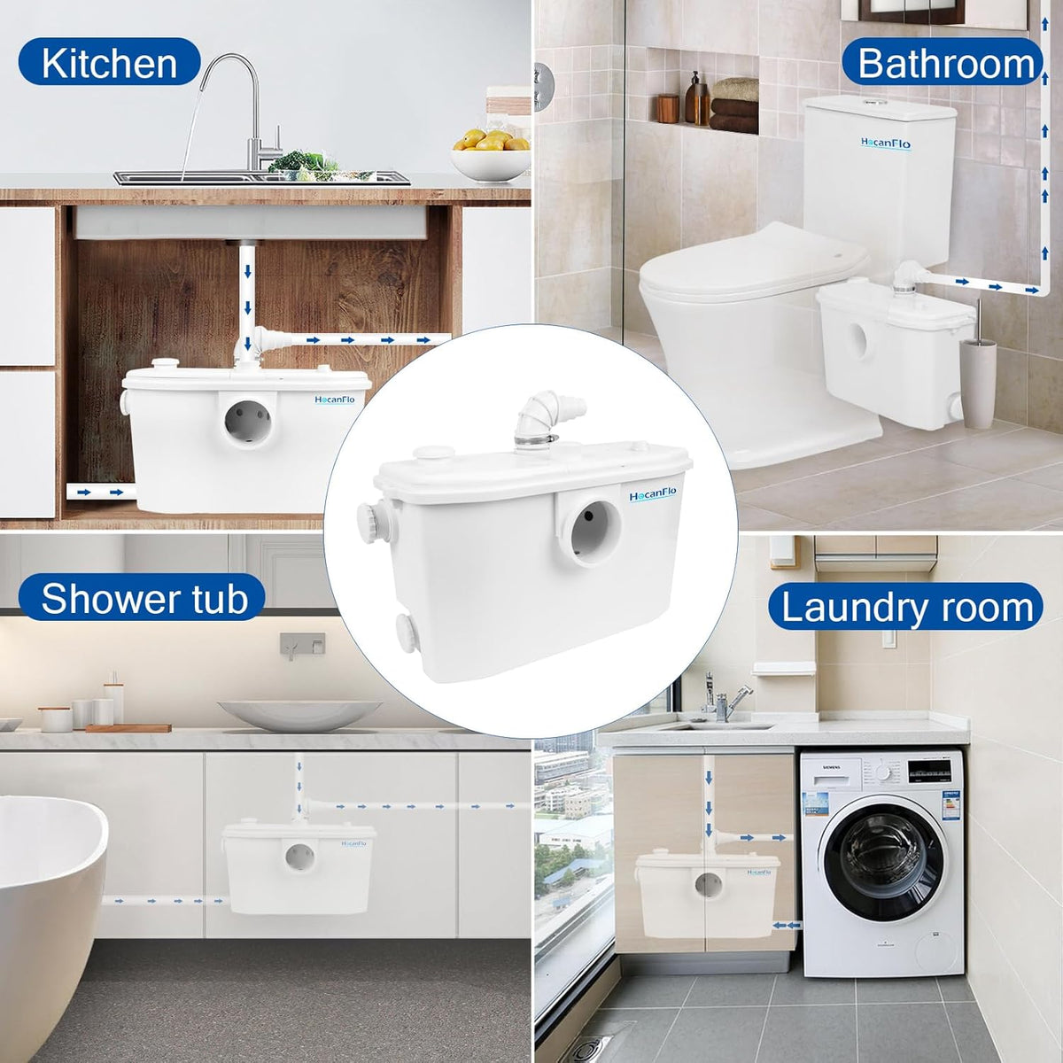 750W Afvalwaterpompen, Hoogrendement Rioolwaterpomp, Kelder Keuken Badkamer Slaapkamerpomp, Rioolwaterbehandelingspomp voor Wasserij en Gootsteen, 4 Inlaten & 2 Uitlaten Bomba de agua FLO750W