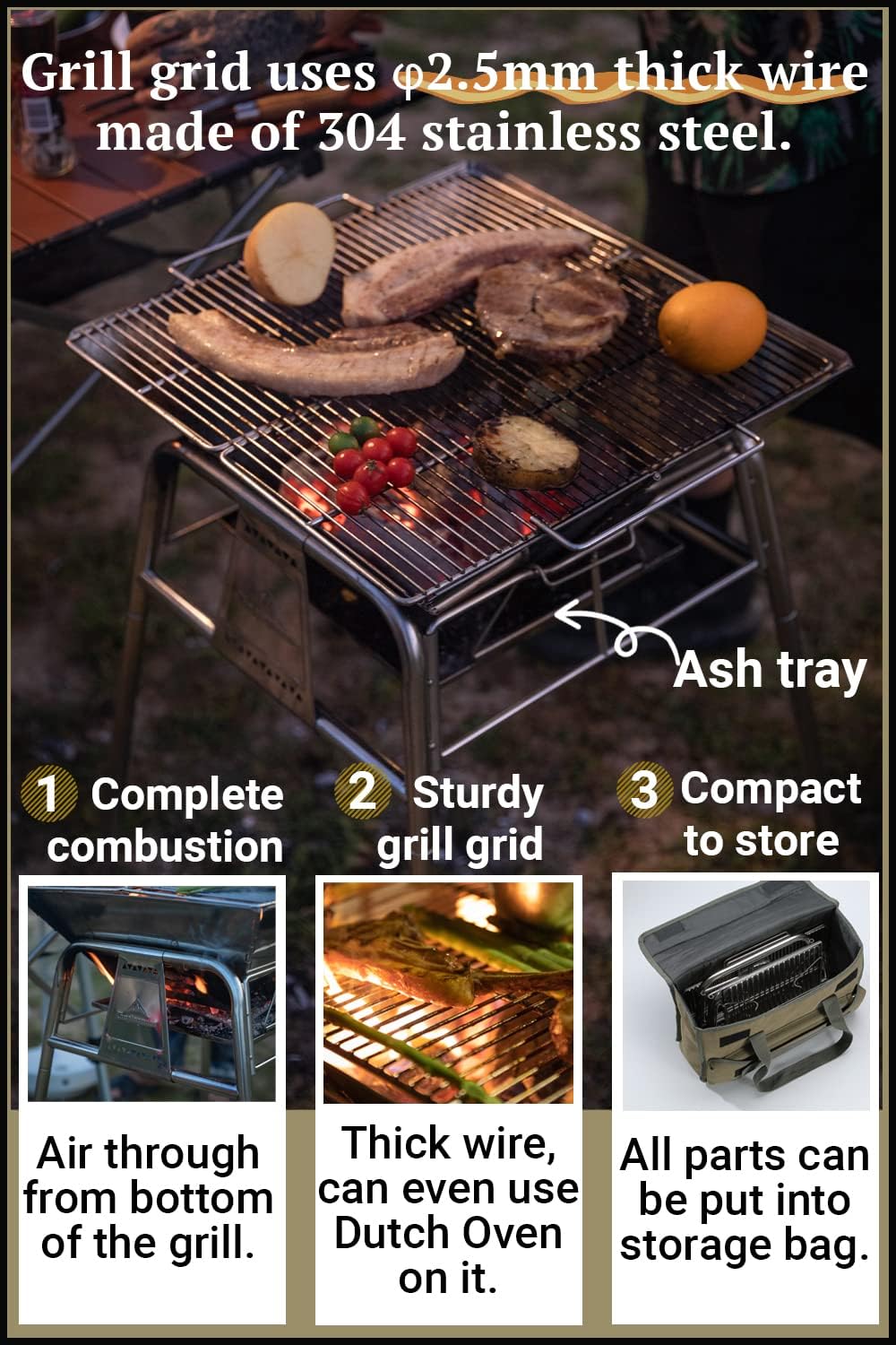 CAMPINGMOON Opvouwbare Camping Houtskool Grill BBQ RVS Stand Type MT-5