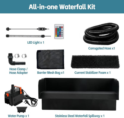 Vijver waterval overloop waterval voor tuinvijvers, 30 cm roestvrij staal overloop zwembad vijver fontein kit met 45W 3000L/H pomp voor vijver, zwembad, tuin, patio decoratie