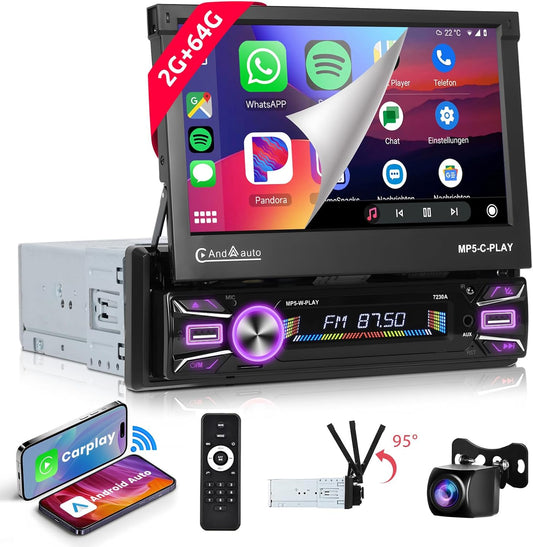【2+64G】Podofo Android-autoradio 1Din met 7'' touchscreen Automatisch scherm Draadloos Carplay/Android Auto Bluetooth 5.1 FM/RDS 2USB/MIC/Type c/AUX/Stuurbediening met AHD achteruitrijcamera