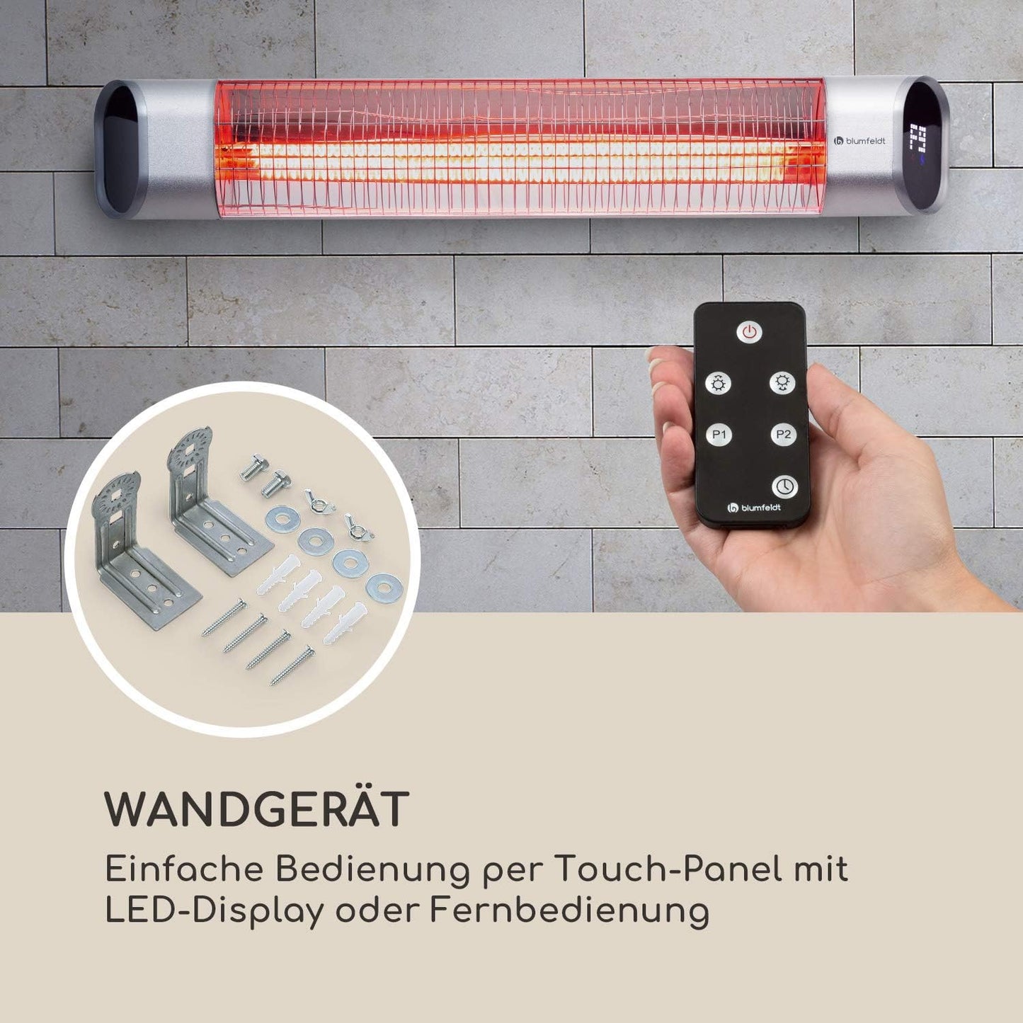 Blumfeldt Dark Wave infraroodstraler, vermogen: 2000 W, MinimalGlare verwarmingsbuis: goudgecoate koolstofbuis, 9 verwarmingsniveaus, 24-uurs timer, IP65, touch-bedieningspaneel en LED-display, zilver