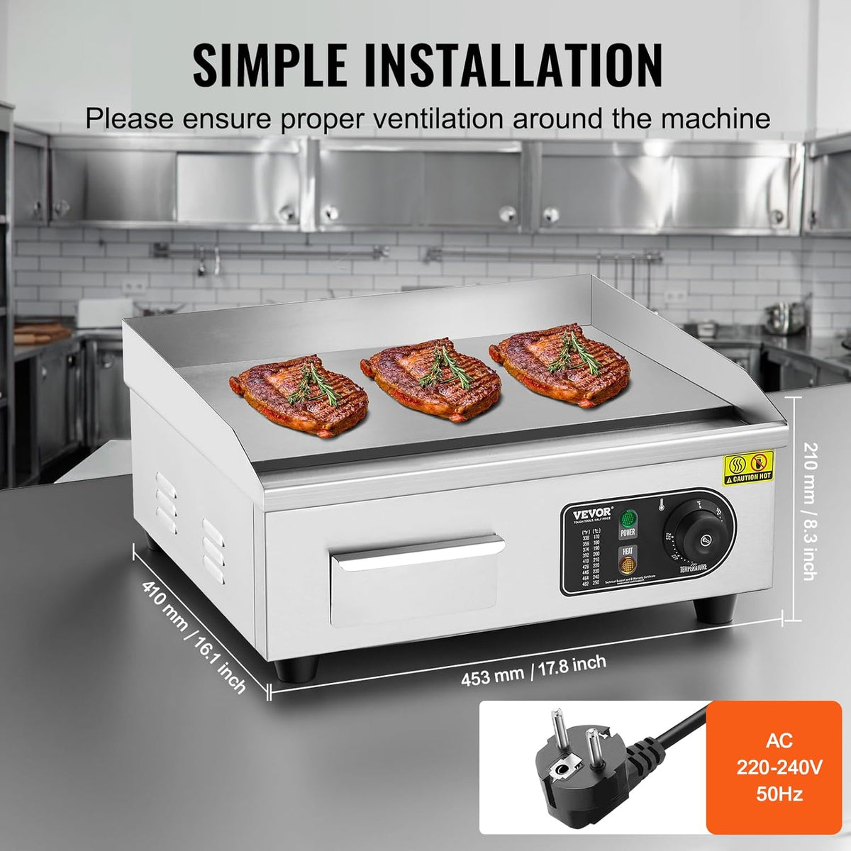 VEVOR Elektrische grillplaat, 2800 W, instelbare temperatuur 50-300 °C, plaat van roestvrij staal 45 x 30 x 1 cm, met 2 vleugels en 2 borstels voor thuis of restaurant
